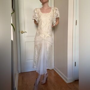 Vintage Flapper Cream Lace Wedding Dress • Chiffon Details • Antique Bridal Gown